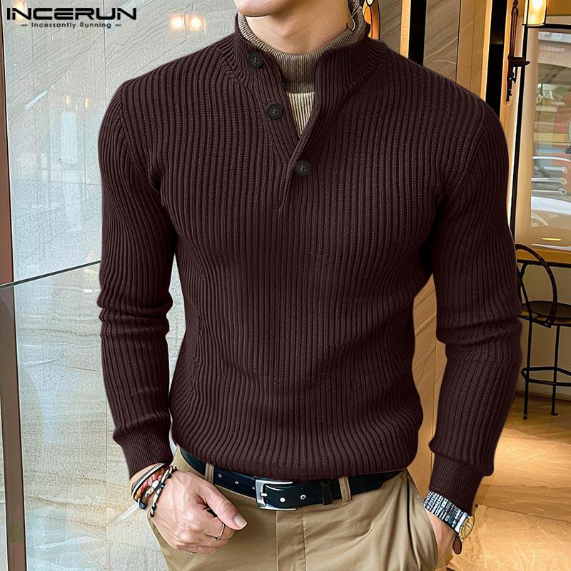 INCERUN Men Buttons Mockneck Long Sleeve Rib Knitted Pullovers Tops