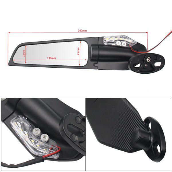 Black Aluminum Alloy Wind Deflector with Lights for Rearview Mirror - White Light Motorcycle Accessory for Kawasaki