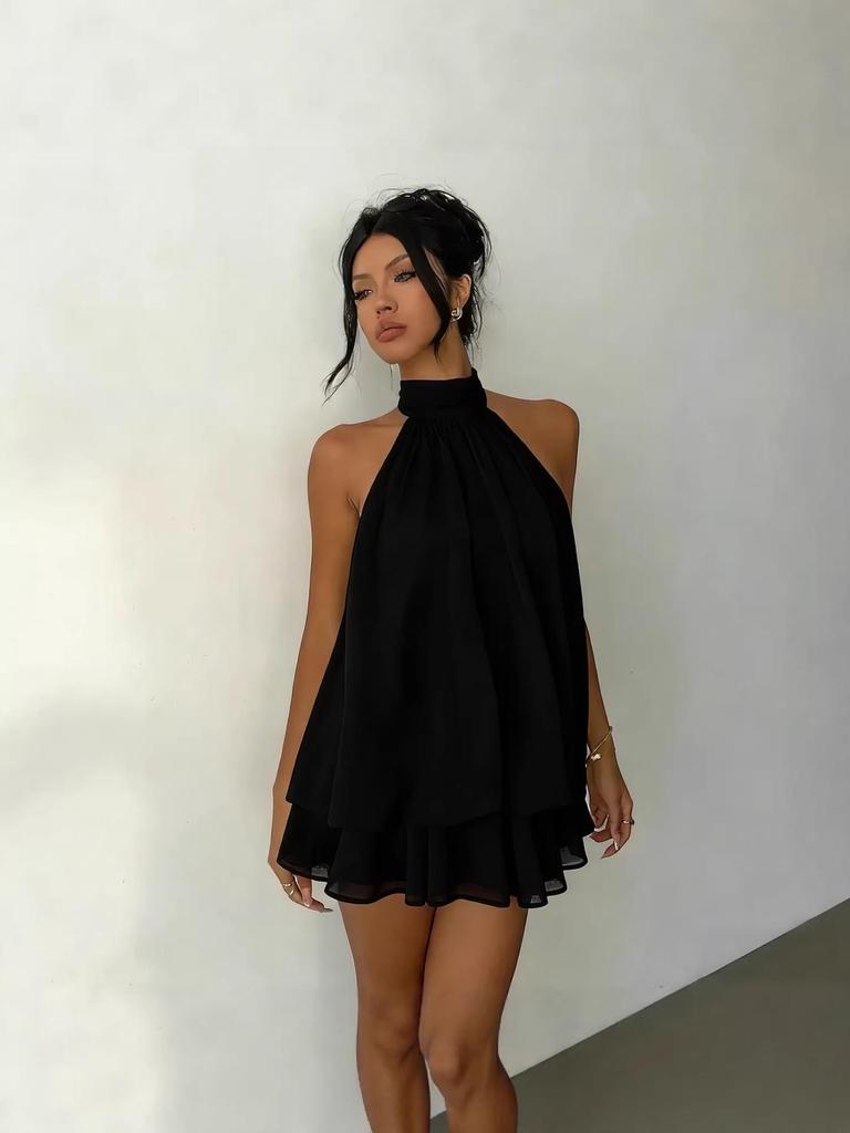 Cross-Border Women's Sexy Backless Halter Top & Fluffy Short Skirt Dress