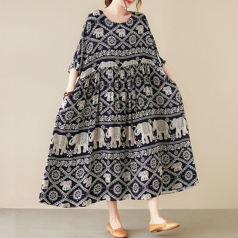 Plus Size Long Sleeve Loose Long Dress Women Striped Floral Animal Print Ladies Oversized Dresses Pleated Woman Dress
