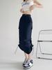Cargo Midi Skirt Women Summer Slim High Waist Slit A-line Skirt Stitching Drawstring Female Streetwear Vintage Y2K Grey