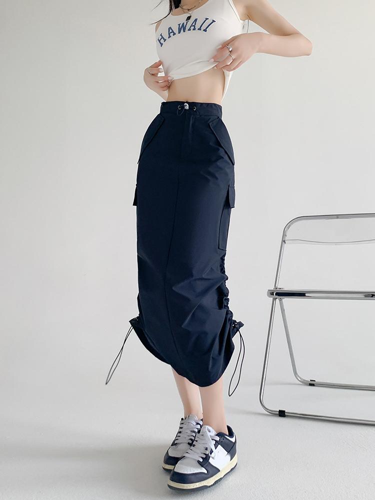 Cargo Midi Skirt Women Summer Slim High Waist Slit A-line Skirt Stitching Drawstring Female Streetwear Vintage Y2K Grey