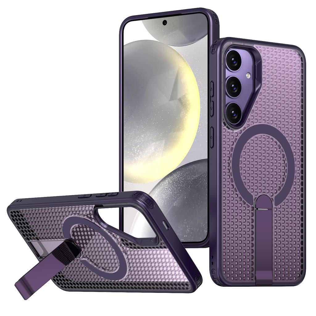 For Samsung Galaxy S25 FE Magnetic Case Kickstand Grid Texture TPU PC Phone Back Cover