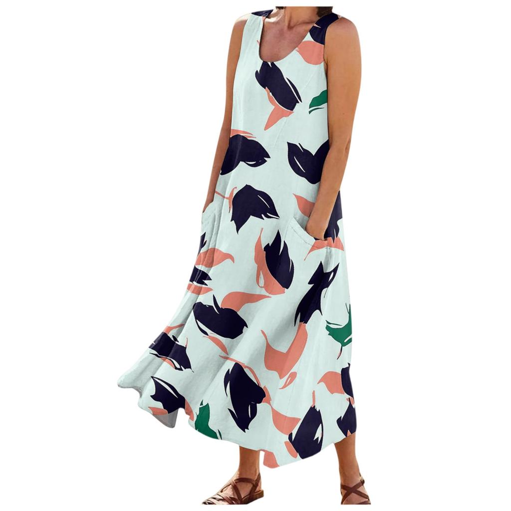 Damenmode Sommer Lässig Ärmellos Floral Bedruckt Kleine Tasche Kleider