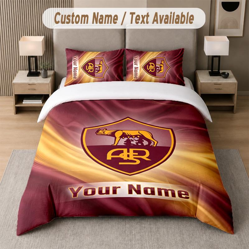 Set Biancheria da Letto Design AS Roma Testo Personalizzato 1 Copripiumino & 2 Federe