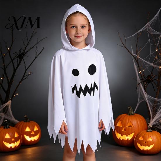 Comfortable Trick Or Treat Gear Halloween Ghost Cloak with Hood, Loose Fit Irregular Hem Costume Family Dress Up for Cosplay Party, White Spooky
