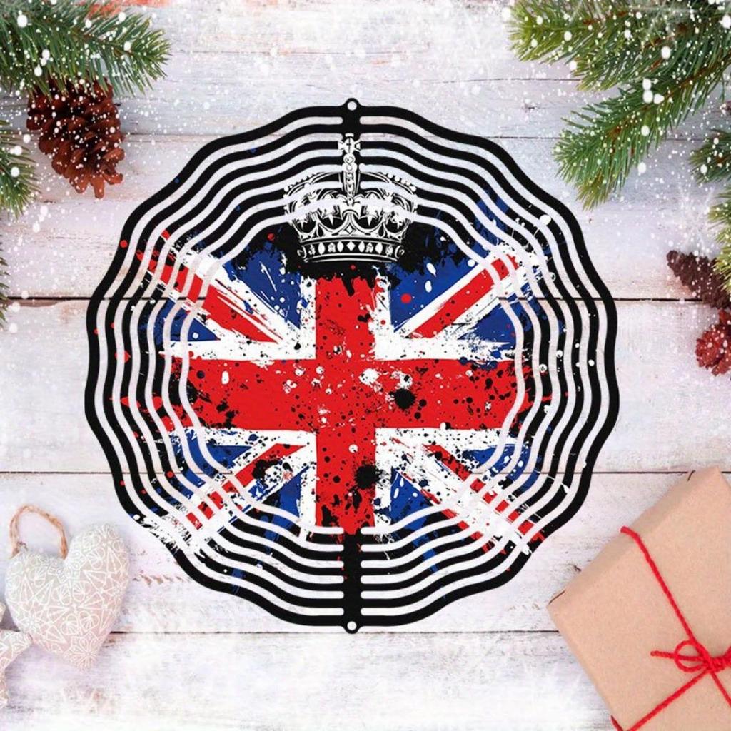 Metal Art Windmill Outdoor Decor British Flag Crown Pattern Wind Spinner 3D Dynamic Garden Art High Quality Sublimated Windmill for Home Yard