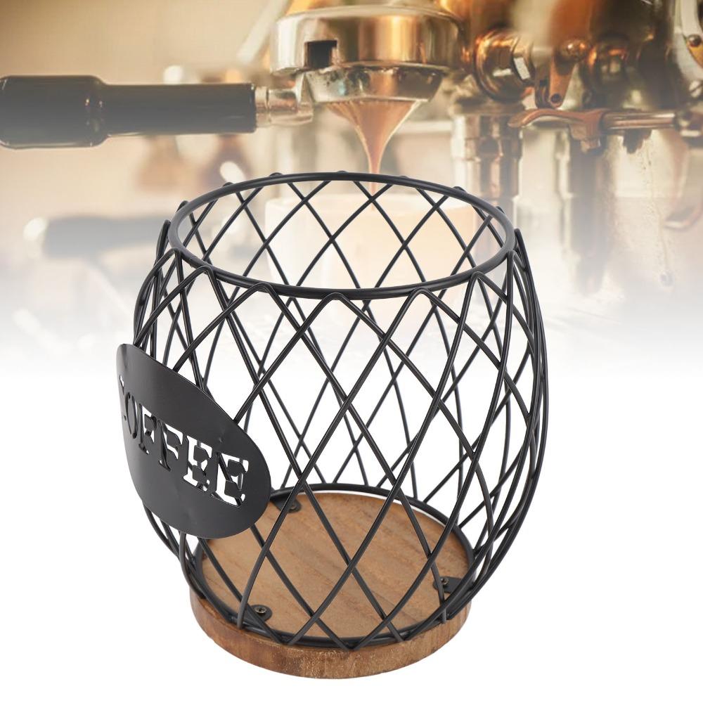Large Capacity Coffee Pod Holder Wire Wooden Base Coffee Pod Storage Basket Easy Access Stylish Look Desktop Coffee Pod Storage