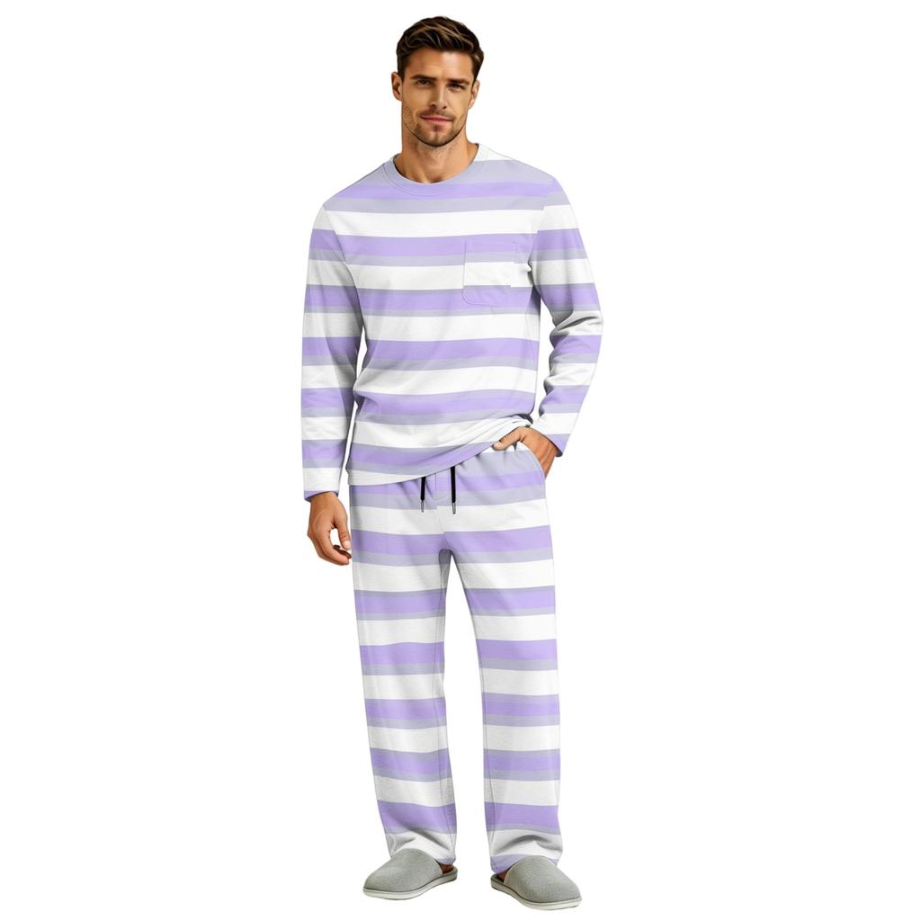 Men's Long Sleeve Pajama Set with Button Crotch and Elastic Drawstring Waist Pants for Home Loungewear
