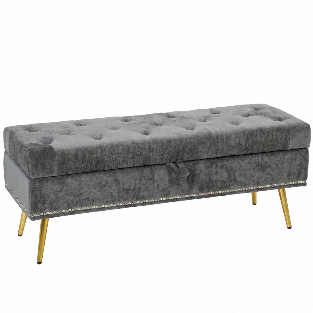 Storage Ottoman, Chenille Upholstered Ottoman Storage Box with Padded Seat, Metal Legs, 114 x 41 x 45 cm, Grey
