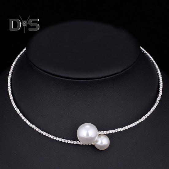 2Pcs/Set Women Elegant Jewelry Set Shiny Rhinestones Faux Pearls Adjustable Open Collar Necklace Bangle Set
