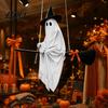 Glowing Ghost Hanging Ornament Halloween Decoration with Witch Hat and Broom Spooky Flying Cute Broom for Haunted House Porch Tree Yard Indoor
