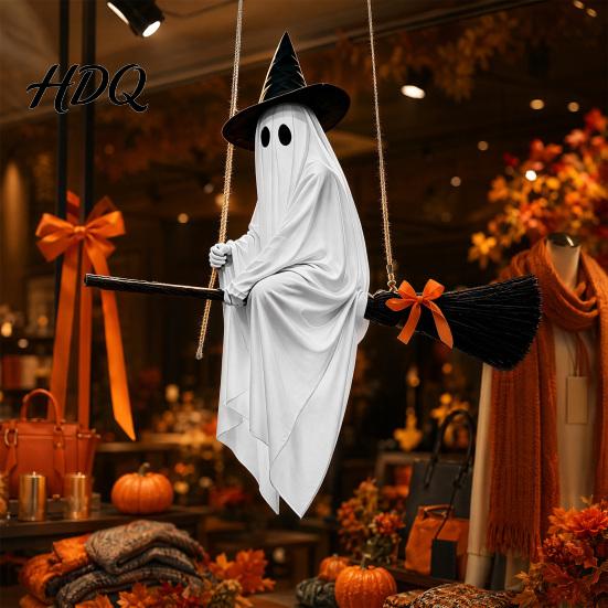 Glowing Ghost Hanging Ornament Halloween Decoration with Witch Hat and Broom Spooky Flying Cute Broom for Haunted House Porch Tree Yard Indoor