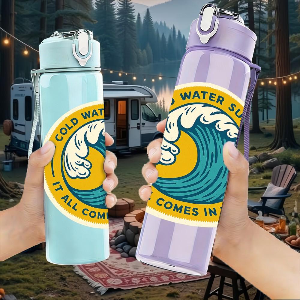 1PC Ocean Wave Circle Badge Surf Print 750ml Color Plastic Sports Water Bottle Leakproof Flip Straw Lid Suitable for Sports Office Home Use