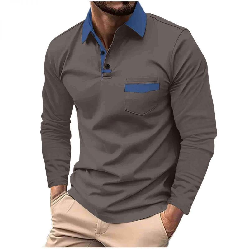 

Autumn and Winter New Polo Shirt All Match Pocket Men s Lapel Long Sleeved Polo Shirt Casual Comfortable Top Shirt S серый