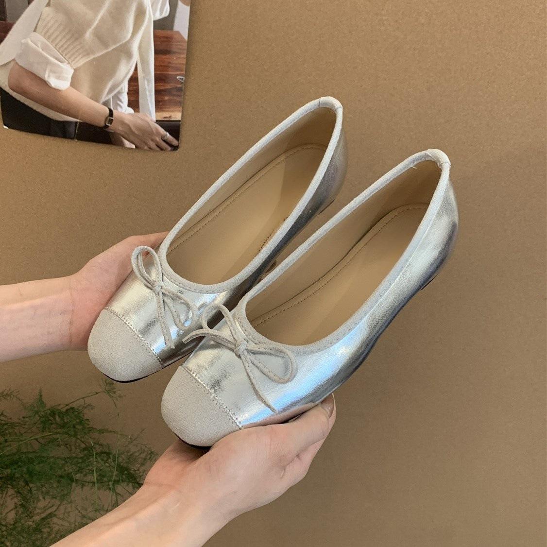 

Внутреннее увеличение высоты серебристый свет рот красный одинарные туфли женские весна и лето новые ретро балетный стиль на одной педали плоские бини женская обувь 40 серебряный