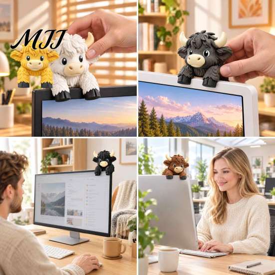 Ozdoba na monitor Kráva ze Skotské vysočiny Roztomilá figurka, 3D tištěné zvíře sedící na kancelářském stole Dekorace pro ženy Ozdoba na okraj obrazovky počítače Zábavná plocha
