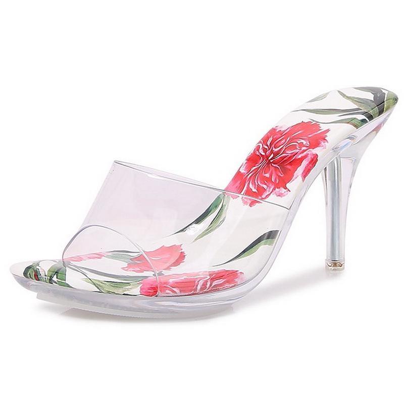 

Women Transparent Crystal Heel Sandals Rose Flower Stiletto Slide Sandals for Office Nightclub Party Banquet Gathering Catwalk 35 белый