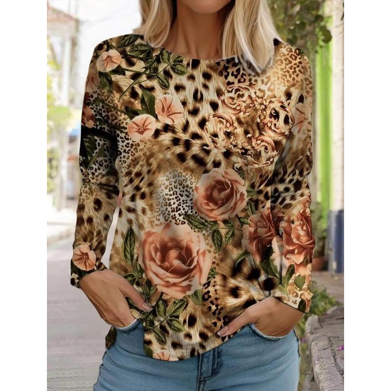 Spring And Autumn Long Sleeve Lip Print Leopard Printed T-Shirts Women Basic Casual Tops Female Loose Round Neck Tees Clothing