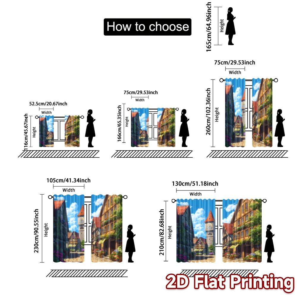 Set Of 2 Flat Printing Curtains Without Rod Charming Village View Popular Print Polyester Holiday Curtain