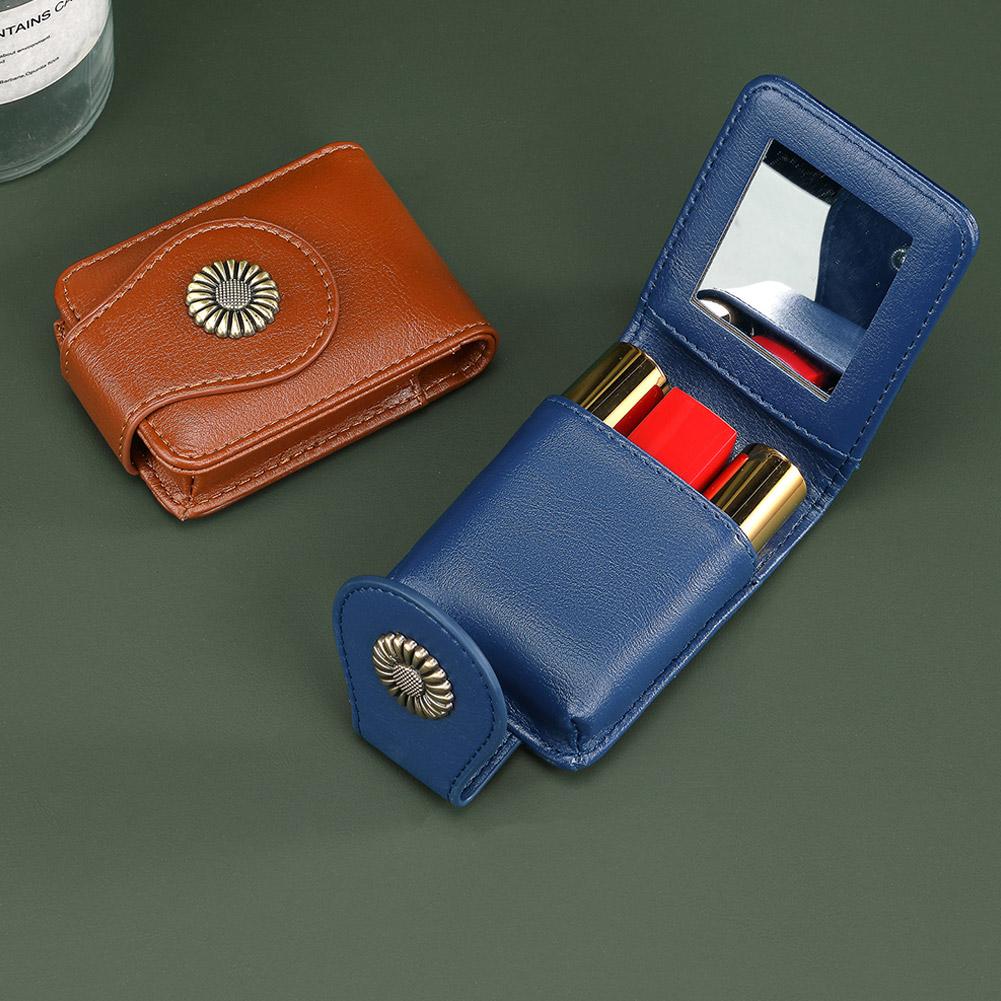 Fashion Leather Lipstick Case with Mirror - Multi-Color Sunflower Buckle Cosmetic Pouch Portable Makeup Storage Bag for Women