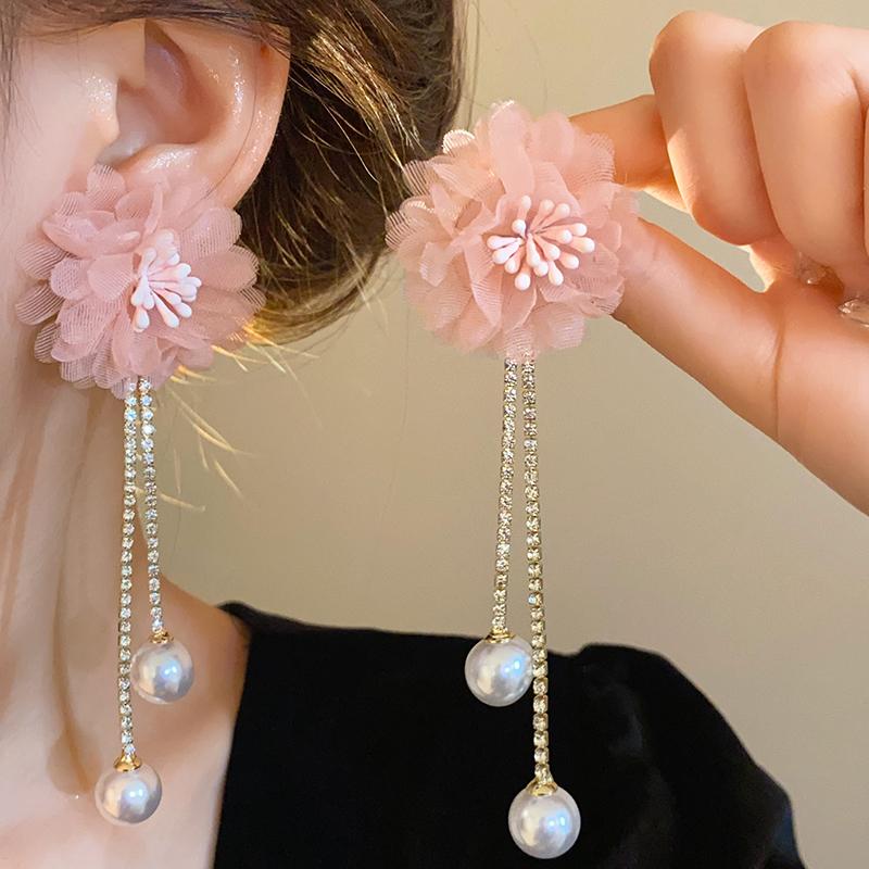 Pink Flowers Mesh Long Tassel Earrings For Women Sweet Temperament Crystal Drop Dangle Earring Party Wedding Jewelry
