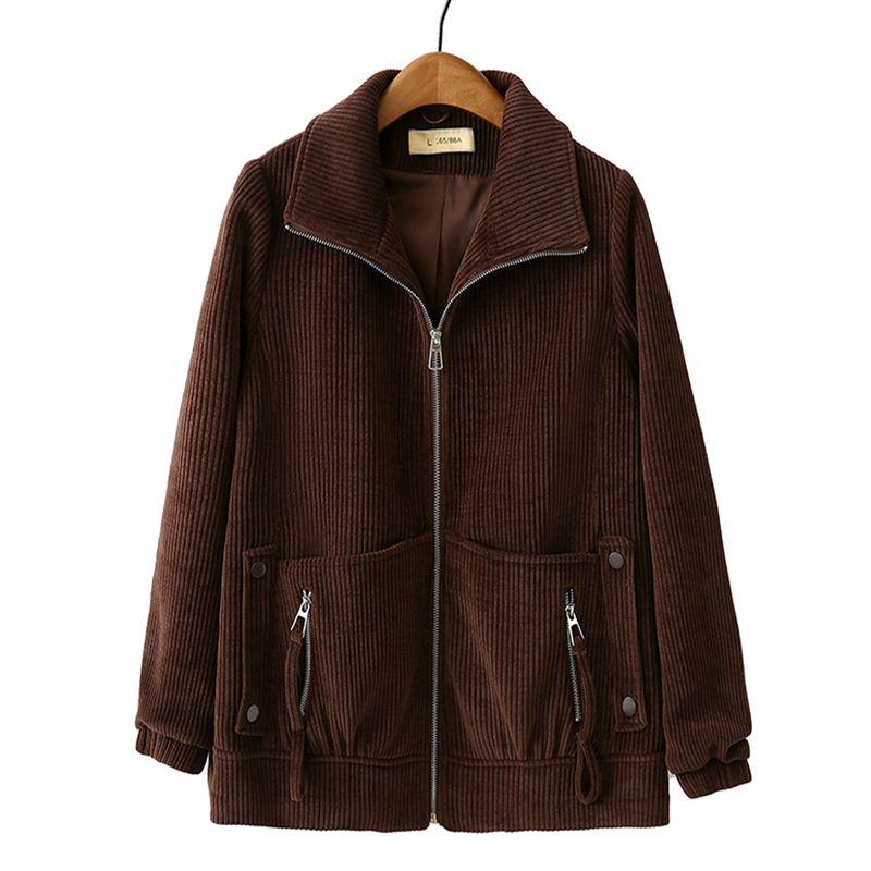 Spring Autumn Women s Corduroy Jacket Turn Down Collar Loose Casual Loose Jacket 2XL коричневый