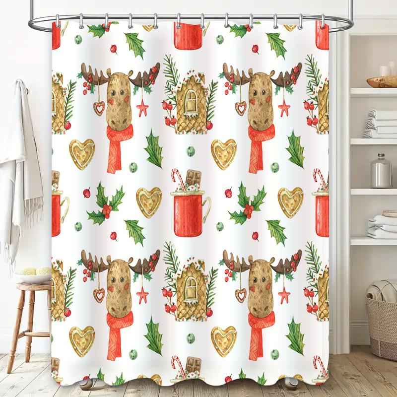 X-Mas Decor Shower Curtain with Elk Pattern Festive Red Green Christmas Print Home Decoration Waterproof Bath Curtains for Bathr