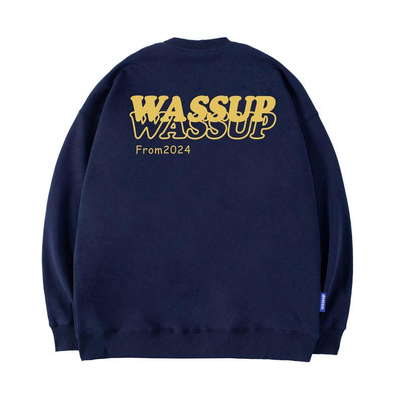 Wassup Trendy Brand Autumn and Winter 2024 New American High Street Retro Round Neck Sweatshirt for Men with Fleece Pullover Top