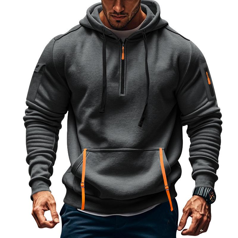 Autumn and Winter Men's Casual Multi-Zipper Arm Pocket Sweater Pullover Large Size Fleece Hoodie Men's