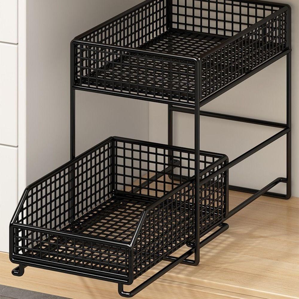 Iron 2 Tier Storage Basket Stable Frame Sliding Cabinet Basket Cabinet Organizer for Kitchen