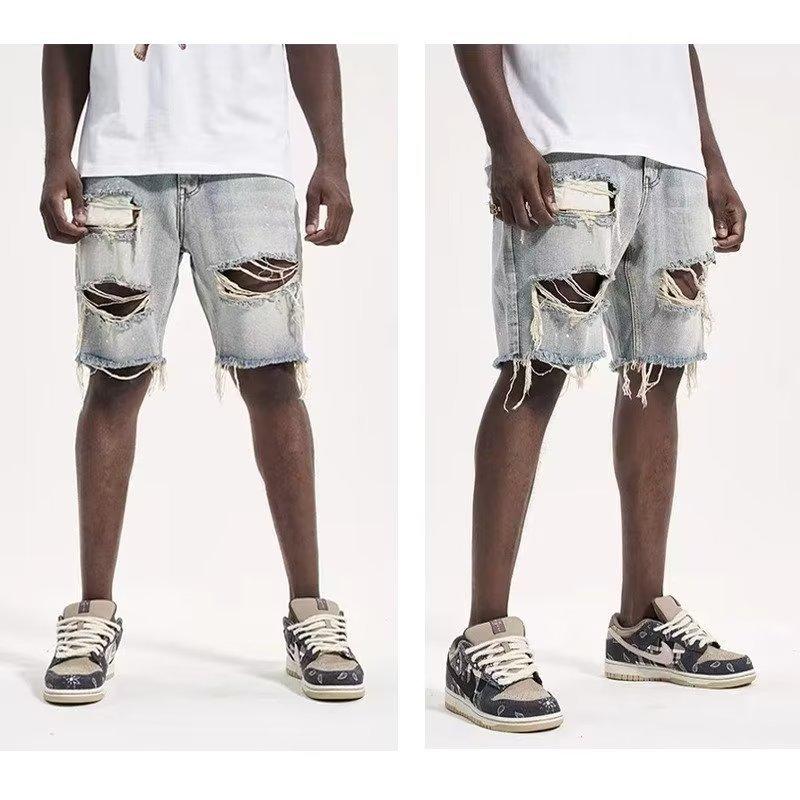 Summer Distressed Denim Shorts for Men, Korean Youth Popular Slim Fitting Small Leg Quarter Pants Jeans