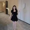 Summer new pure desire style square neck short sleeve temperament solid color dress tight elastic Spice Girl A word short skirt
