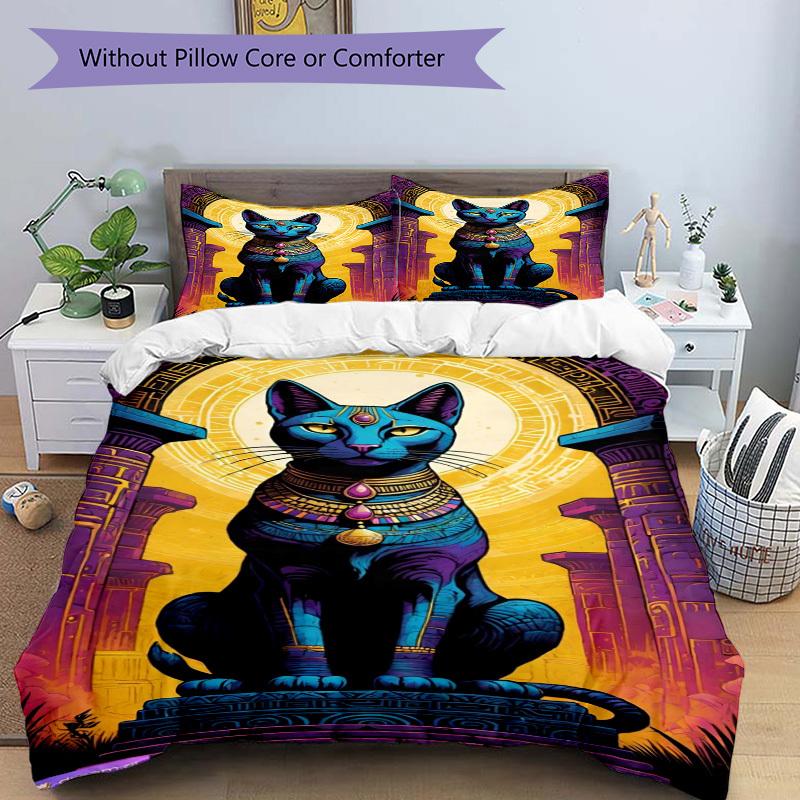 3pcs Egyptian Cat Statue Duvet Cover Set -Includes 1 Duvet Cover and 2 Pillowcases, No Quilt Core, All-Season Home Decor yy251111094