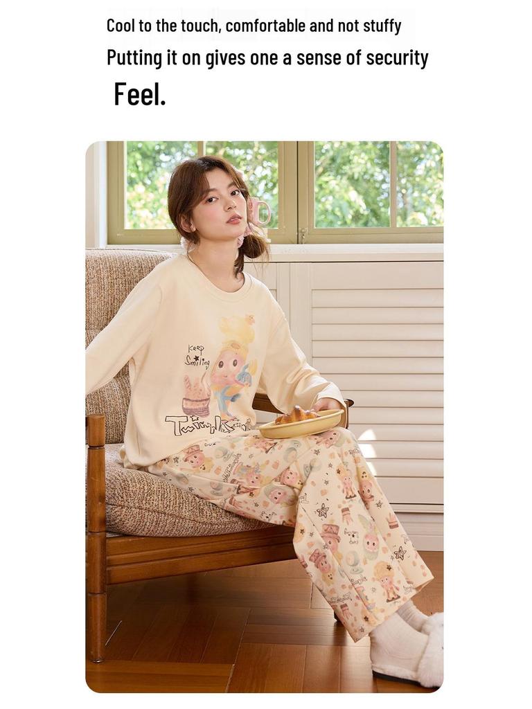 Women's Cartoon Pajama Set with Chest Pads - Long Sleeve & Pants for Spring & Autumn, Wear Indoors or Out