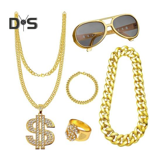 

Комплект украшений в стиле панк, унисекс, хип-хоп, преувеличенная толстая цепочка, декор из страз, золотистый цвет, клубная вечеринка, солнцезащитные очки, ожерелье, браслет, кольцо золотистый