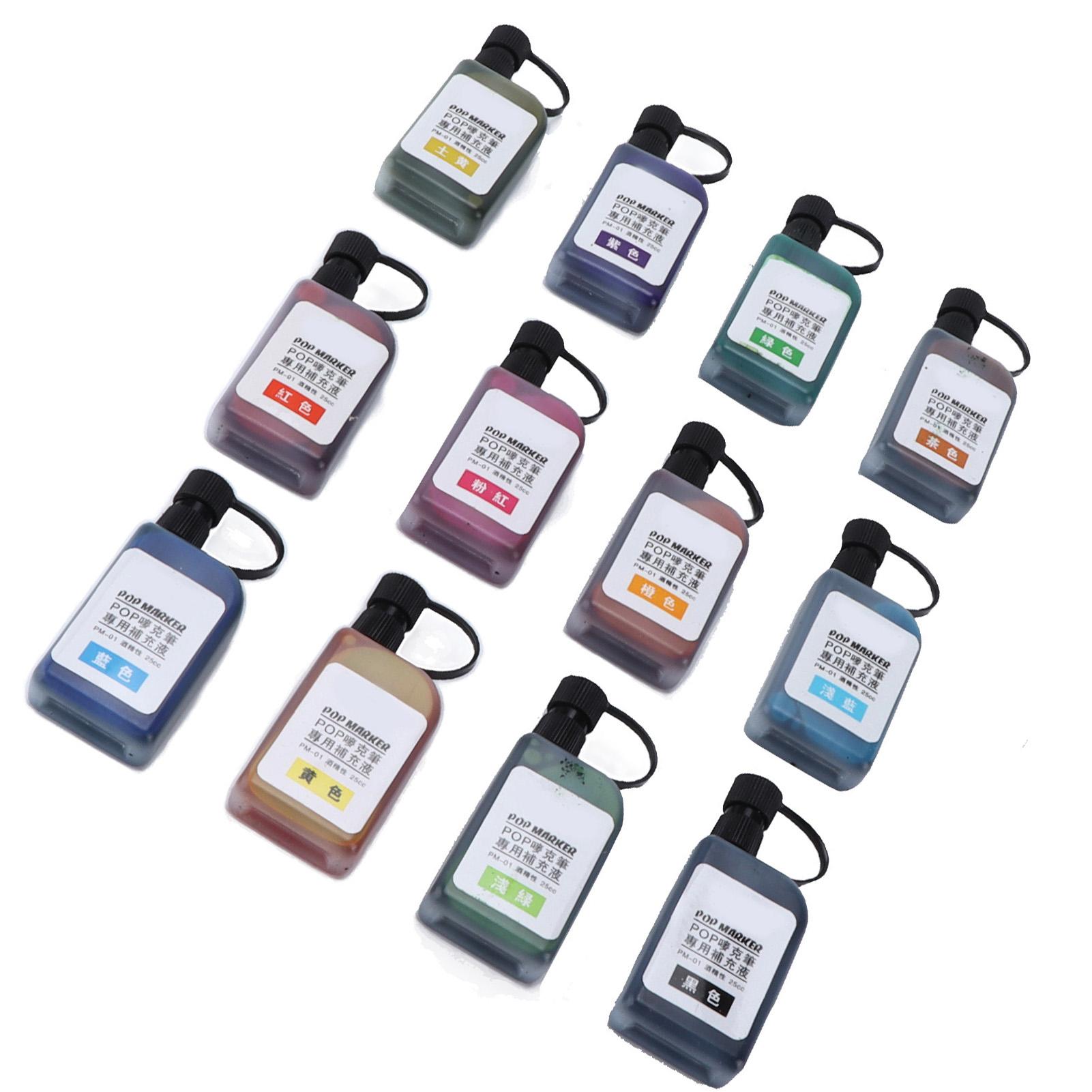 

Чернила для маркеров 12 ярких цветов Устойчивые к выцветанию Водостойкие Прозрачный флакон Безопасные чернила Набор для заправки