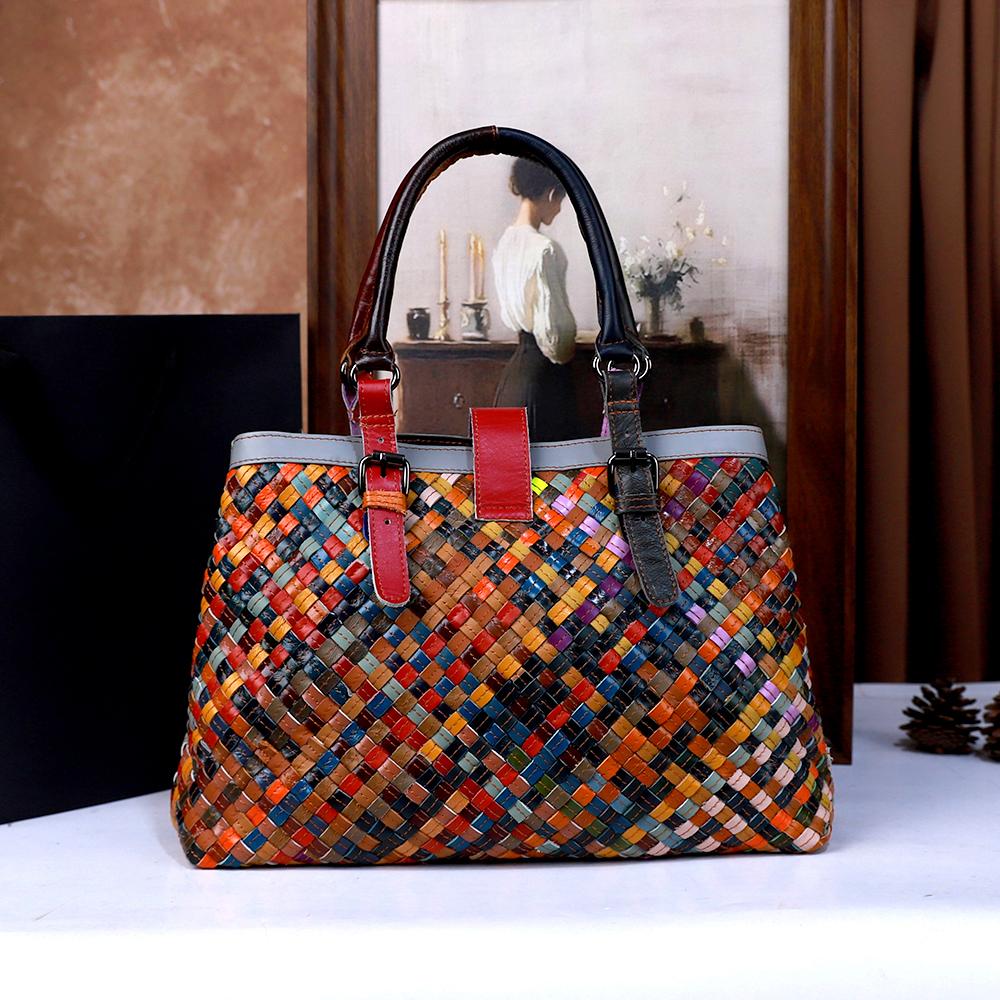 Fashion Handcrafted Leather Basket Weave Handbag Large Capacity Single Shoulder Slant Cross Bag Simple Retro Style