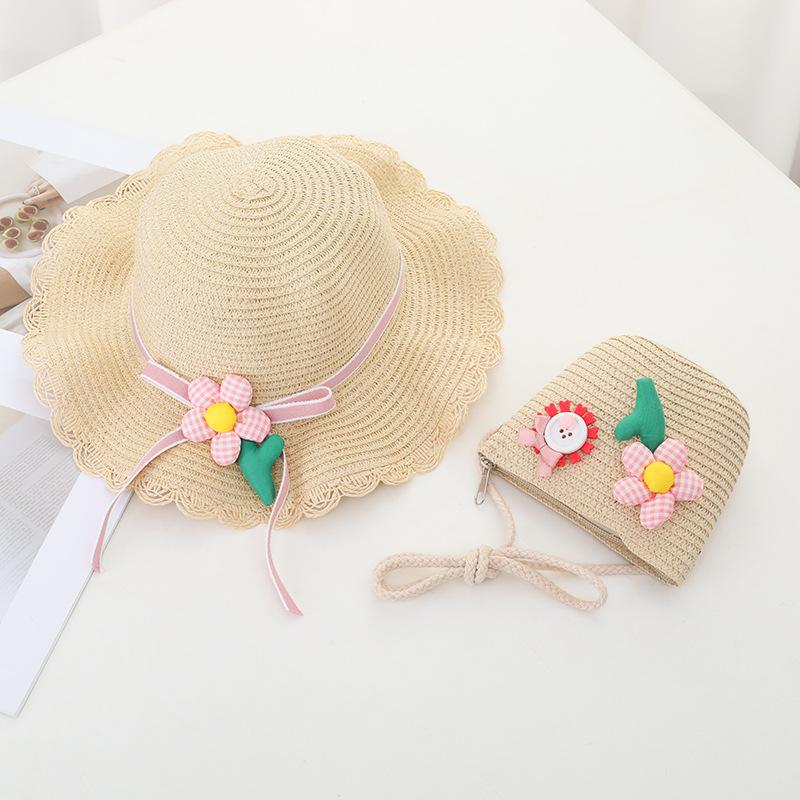 New Fashion Beach Hat Cute Outdoor Parent-child Hats 2-piece Womens Beach Set Sun Hat and Woven Bag Lightweight and Breathable