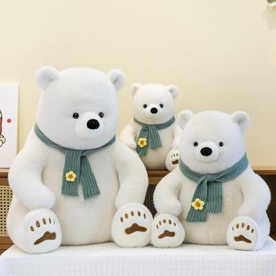 Urso Polar de Pelúcia Fofo Simulado em Postura Sentada, Boneca de Pelúcia de Desenho Animado com Cachecol, Presente para Crianças