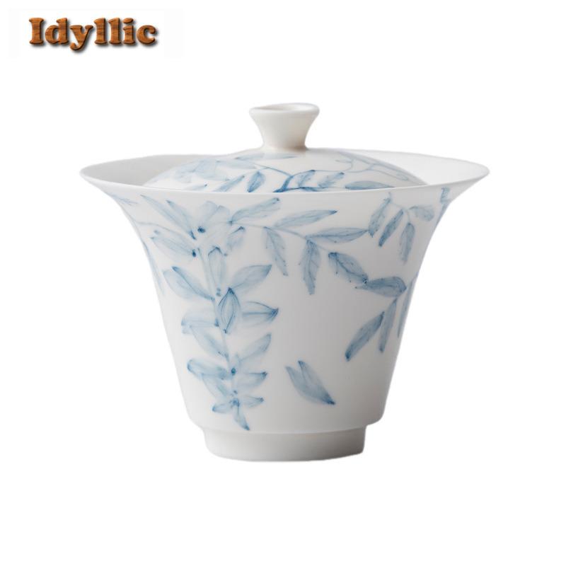 120ml Hand-painted Wisteria Flower Gaiwan Handmade Tea Tureen Tea Bowl With Lid Kit Tea Brewing Cover Bowl Tea Items Gift Craft
