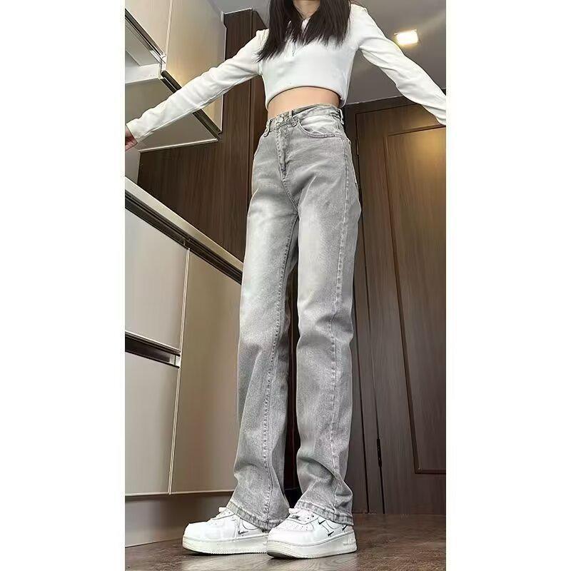 Women's Retro Gray High-Waisted Slimming Straight-Leg Jeans for Spring and Autumn