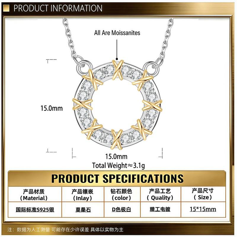 Sterling Geometric Double-Tone Circle Cross Pendant Necklace With D-Color Moissanite Women Delicate Clavicle Chain 925 Sterling Silver