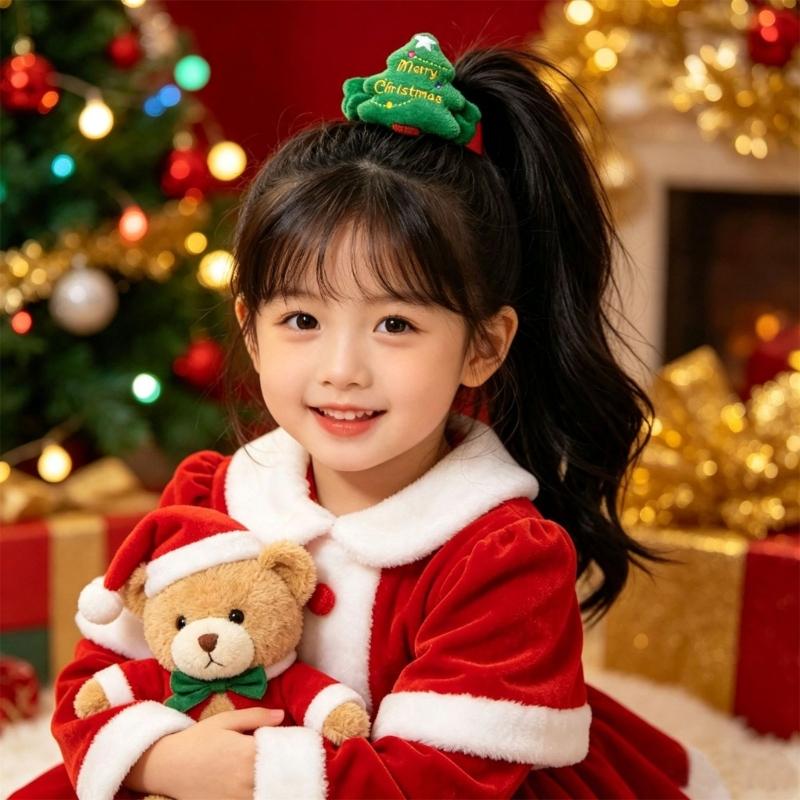 Holiday Hair Scrunchie Velvety Christmas Hair Tie with Plush Top for Christmas Party, Family Photos and Festival Styling