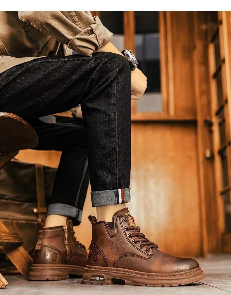 Men's High-Top Leather Martin Boots - Autumn/Winter Casual Workwear Shoes with Thick Soles