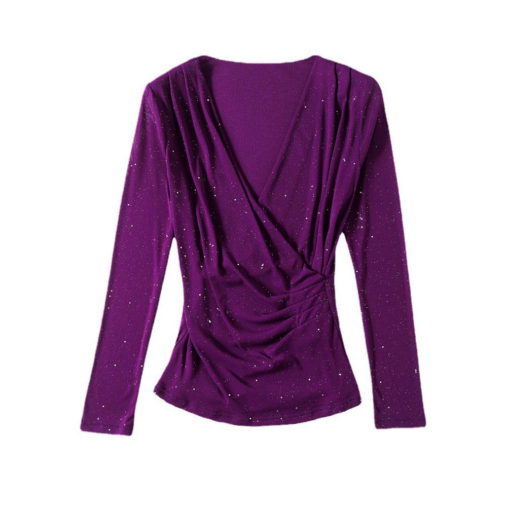 Jarní dámské tričko s kříženým véčkovým výstřihem, jednobarevné, jasně pudrové, slim, s dlouhým rukávem, síťované topy, elastický spodní díl, podkladové tričko