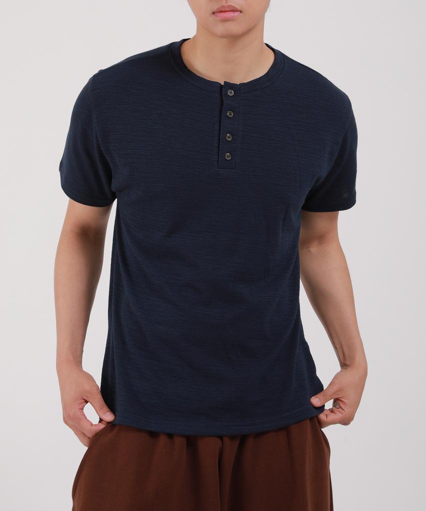 Dibellobeu Slub Henley Neck Short Sleeve T-Shirt_Navy