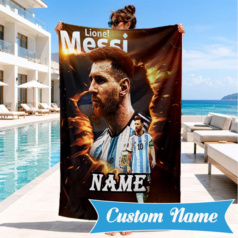 Custom Name Messi's Fiery Legacy Beach Towel Microfiber Beach Towel, Lightweight and Quick-Dry, for Summer Travel, Swimming Pool Gift