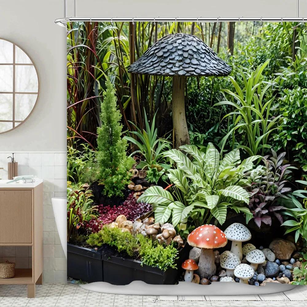 Garden Scenery Shower Curtain Mushroom Jungle Nature Plants Flower Patio Forest Green Leaf Polyester Bathroom Decor Curtains Set