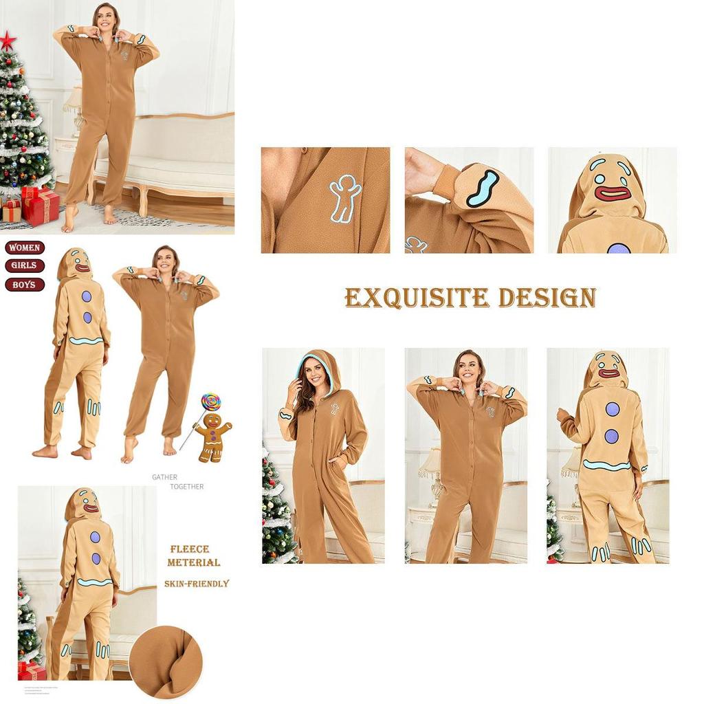 Gingerbread Man Hooded Pajamas Cosplay Costume For Women Boys Girls Xmas